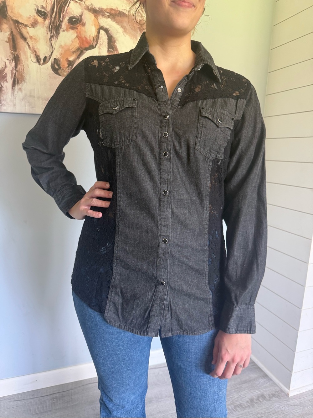 Rock & Roll Cowgirl Black Lace-Trim Button-Down Shirt